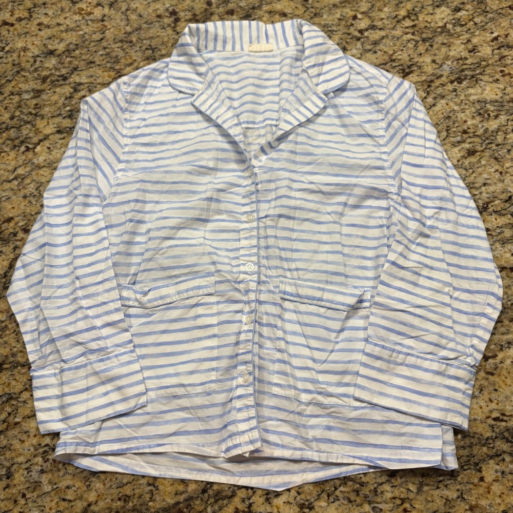 Lake Pajamas Women Medium Blue White Striped Button Down Sleep Shirt Top ws